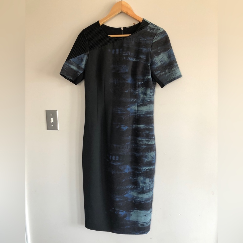 Elie Tahari Black and Navy Dress Short Sleeve Sheath |Mesh FullBack Zip